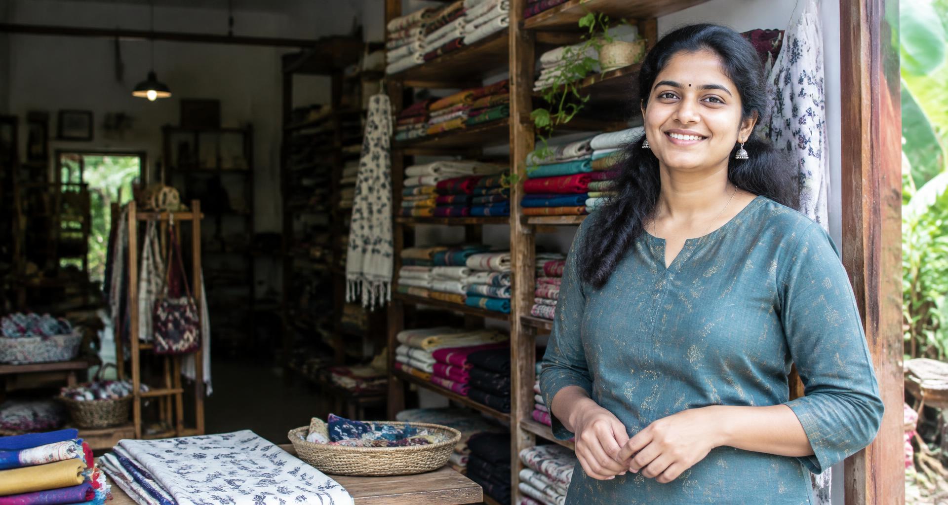 A woman in her textile shop